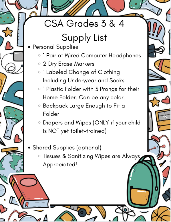 CSA Grades 3 & 4 Supply List